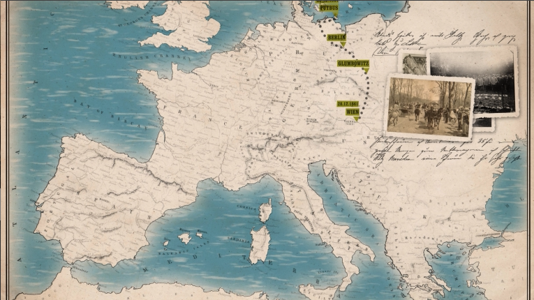 Die Reiseroute wird auf einer historischen Karte dargestellt.